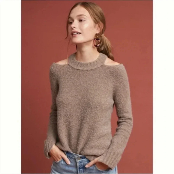 Anthropologie moth tan fuzzy cold shoulder sweater - Picture 1 of 8